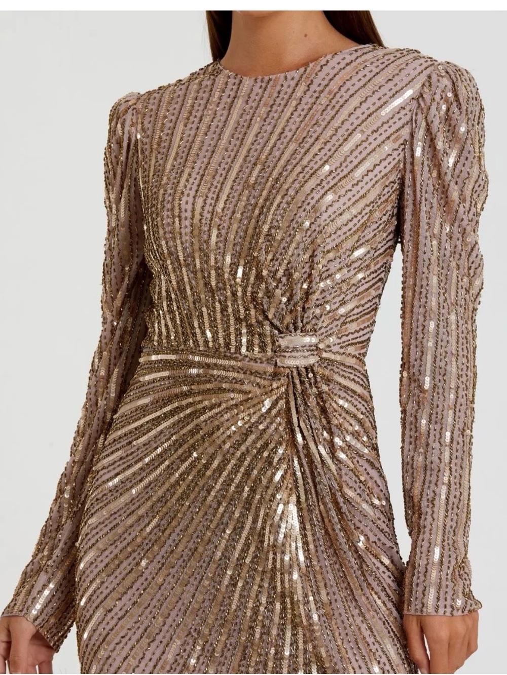 Mac Duggal Mocha Gold Sequin Long Sleeve Twist Waist Gown